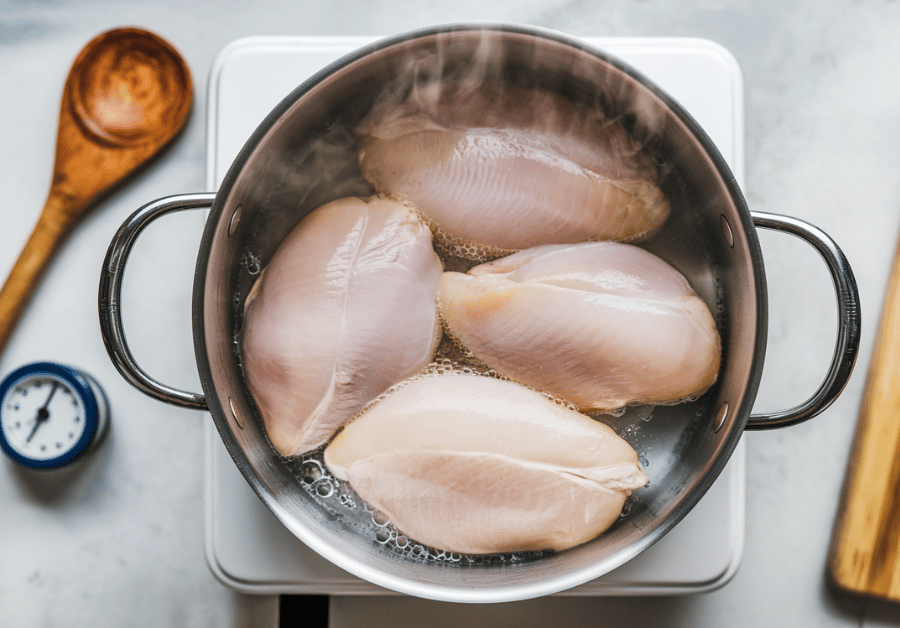 A close-up, overhead shot of a stainless steel pot filled with skinless chicken breasts just covered in water—an essential first step in preparing the Chicken and Rice Recipe for Dogs.