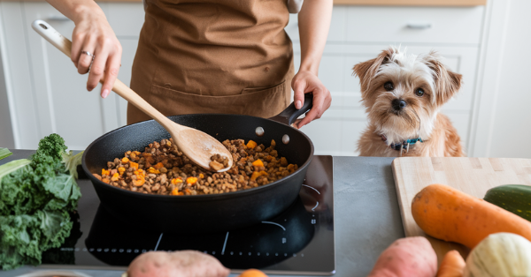 A person wearing an apron stirring a large skillet preparing a 30 minute homemade dog food recipe