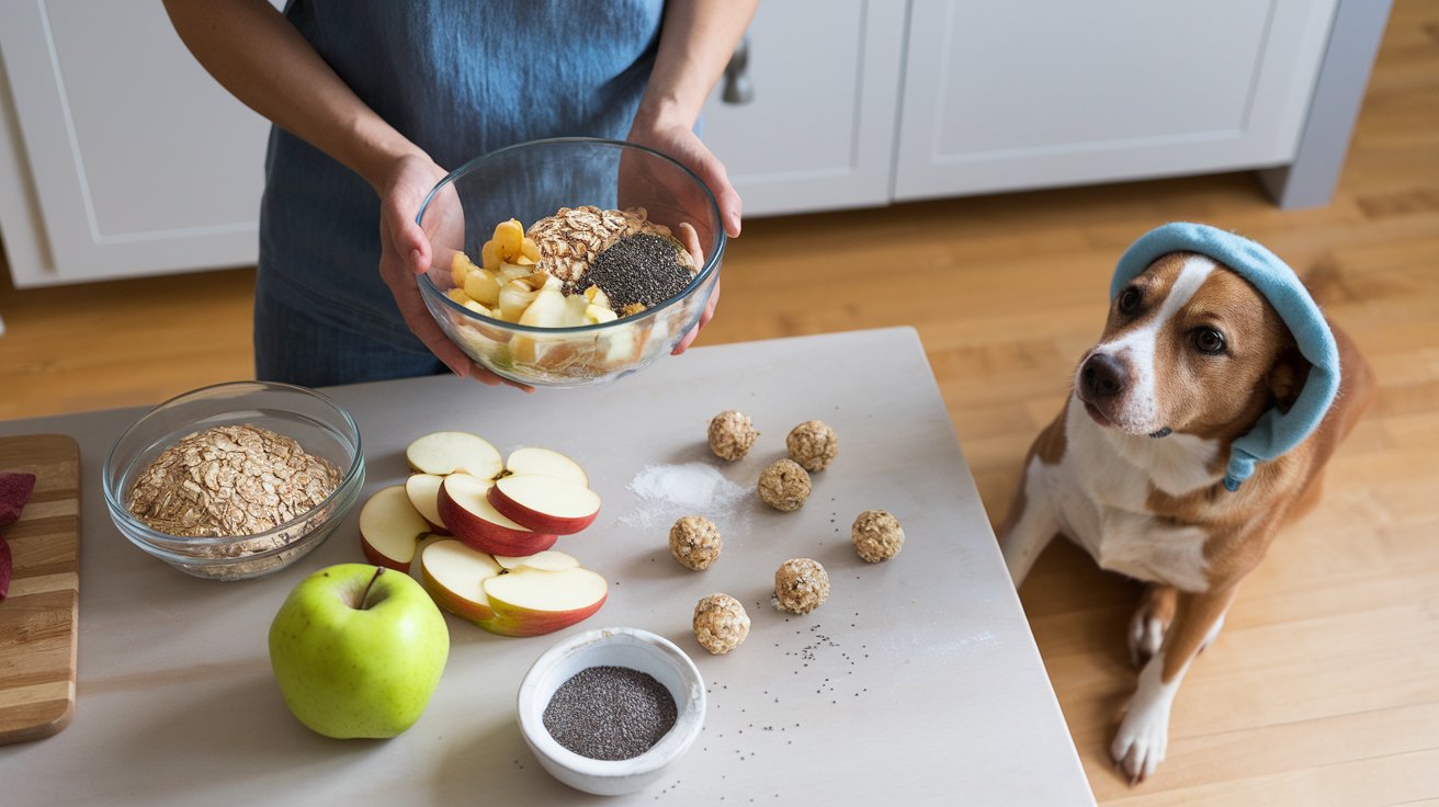 A pet owner preparing no-bake dog treats in the kitchen with their dog watching eagerly, featuring a spread of ingredients like oats, apples, yogurt, and chia seeds on the countertop