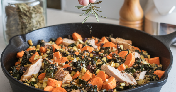 A small pinch of rosemary being sprinkled over a skillet filled with homemade dog food.