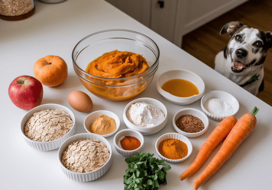  An inviting kitchen scene showing all the ingredients laid out on a clean countertop for making the Pumpkin Applesauce Dog Treats