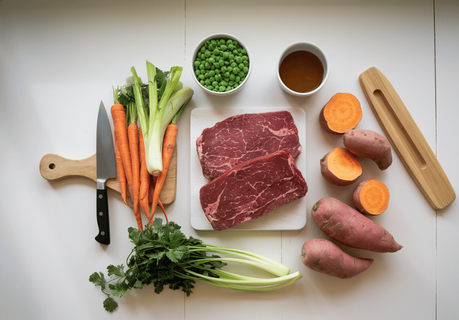 An overhead shot of a spacious kitchen island with all the key ingredients for a hearty dog stew artistically arranged