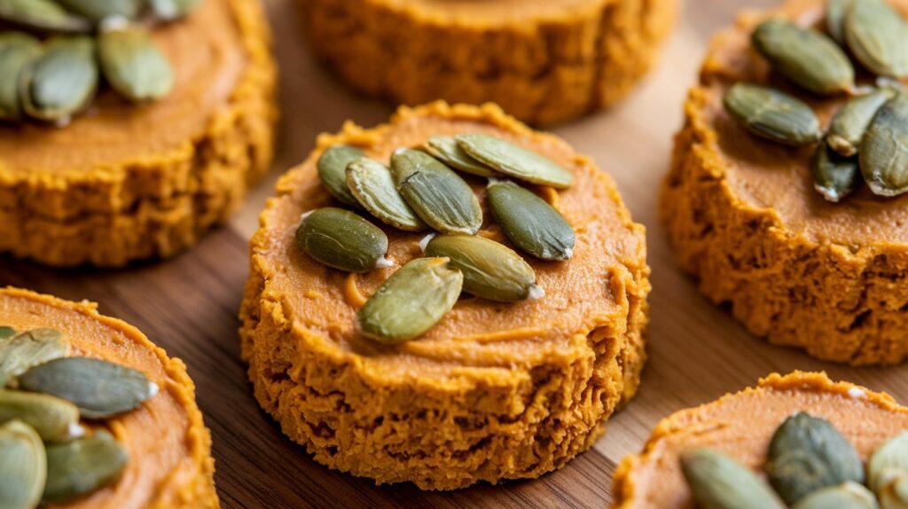 Close-up of no-bake peanut butter and pumpkin dog treats showcasing their soft texture