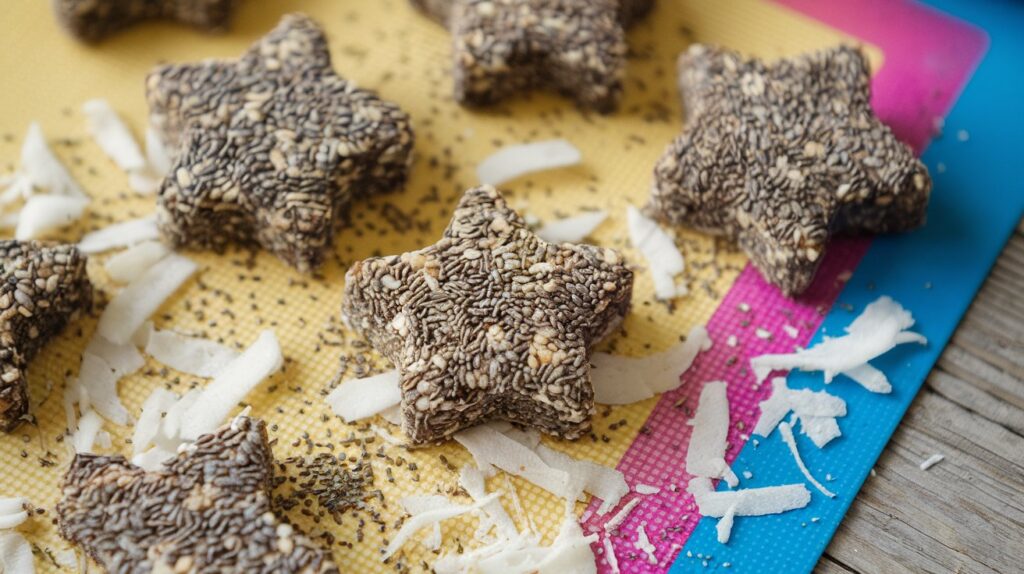 Coconut and chia seed dog treats molded into star shapes and arranged on a colorful silicone baking mat