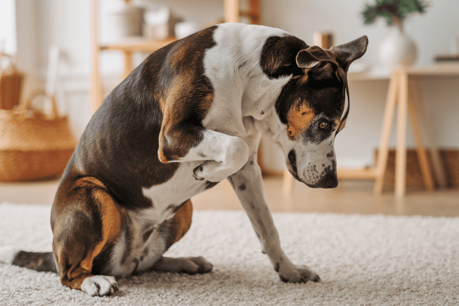 Dog scratching its side in a cozy home with pet supplies in the background, illustrating the need for homemade dog food for itchy skin relief.