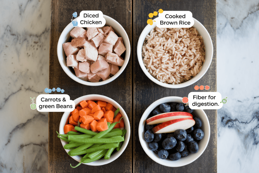 Four small bowls or sections, each containing one group of ingredients which are the ingredient to make food in crockpot for dogs