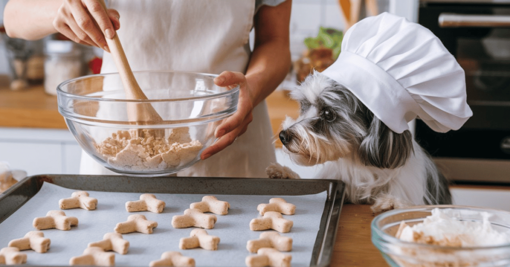 Image showing the stages of treat preparation like mixing ingredients and shaping treats, to capture the fun and engaging process of making dog treats at home.