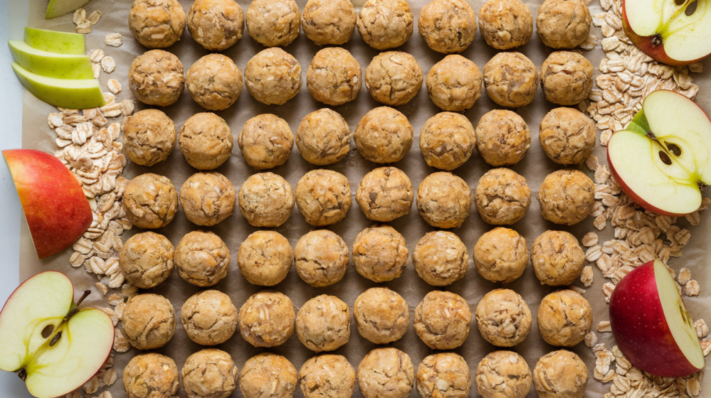 Oat and apple crunchies dog treats arranged in neat rows on parchment paper, shaped into small balls