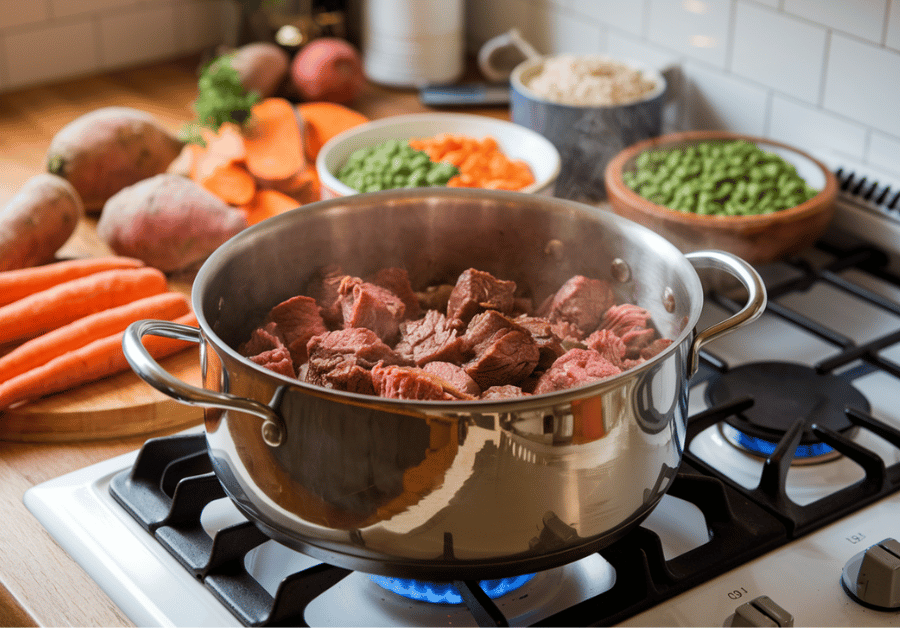 Scene showing the cooking process of the dog stew. In the foreground, a large stainless steel pot on the stove has browned beef chunks sizzling over medium heat