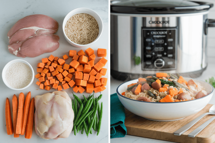 Side-by-side view of raw ingredients like chicken, carrots, sweet potatoes, and rice, alongside a bowl of steaming homemade dog food with a crockpot.