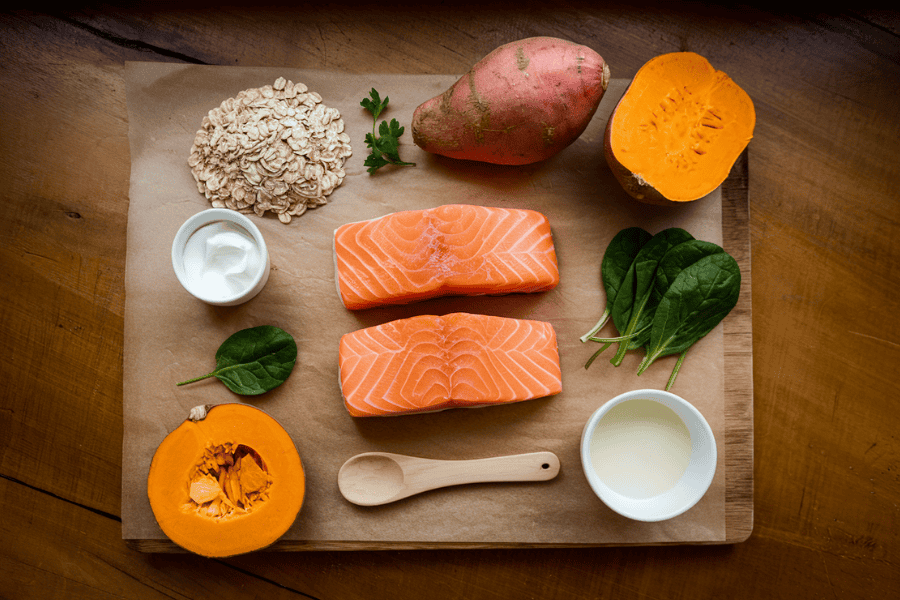 The image features boneless, skinless salmon fillets as the centerpiece, surrounded by small portions of oats, a halved sweet potato, fresh parsley, and a small bundle of spinach leaves.