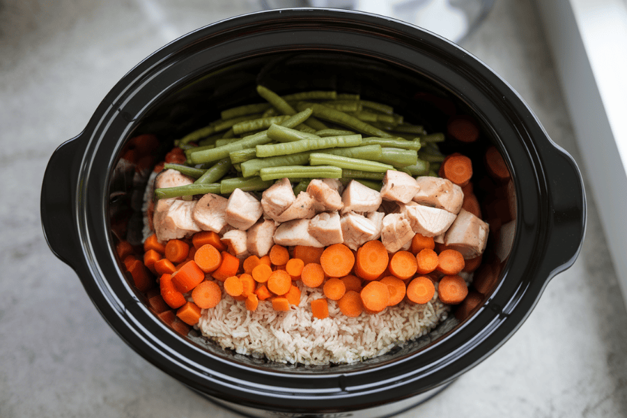 Top-down view of a crockpot with layers of brown rice, chicken, carrots, and green beans, topped with water or broth