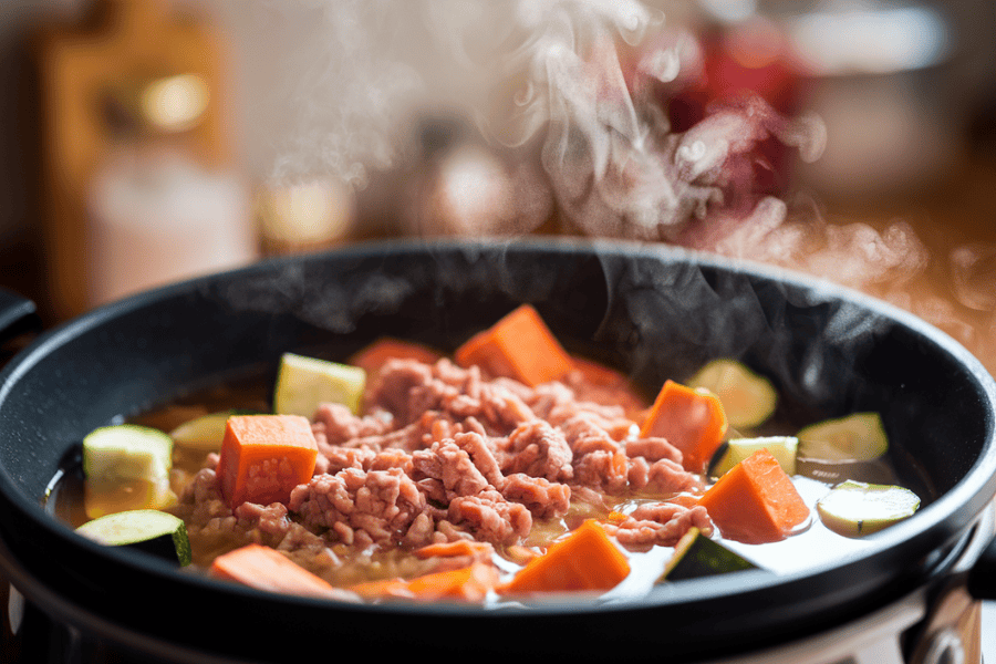 Turkey, sweet potatoes, and zucchini simmering, highlighting homemade dog food for itchy skin.