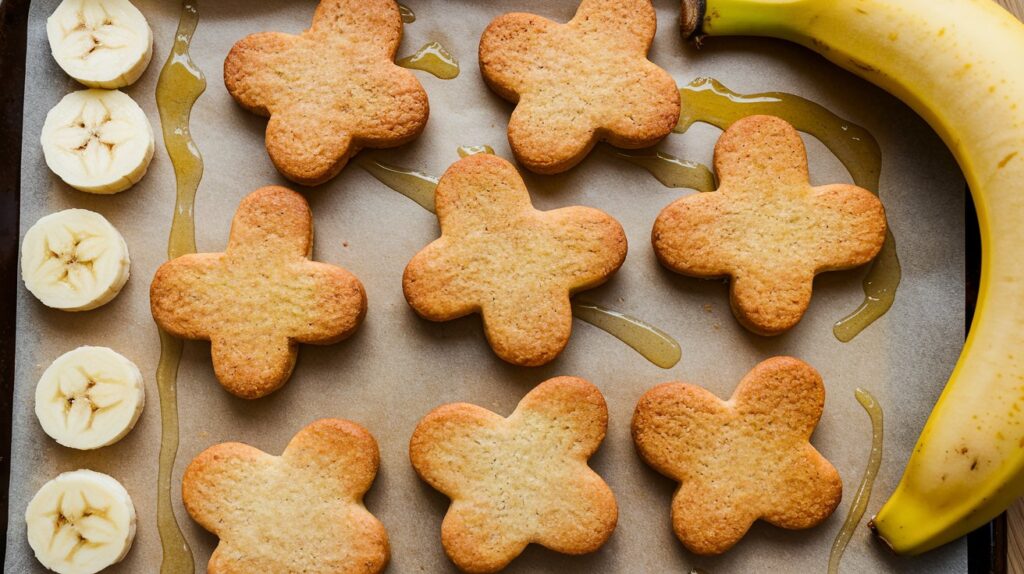 A batch of golden-brown Banana and Honey Dog Biscuits cooling on a parchment-lined baking sheet.