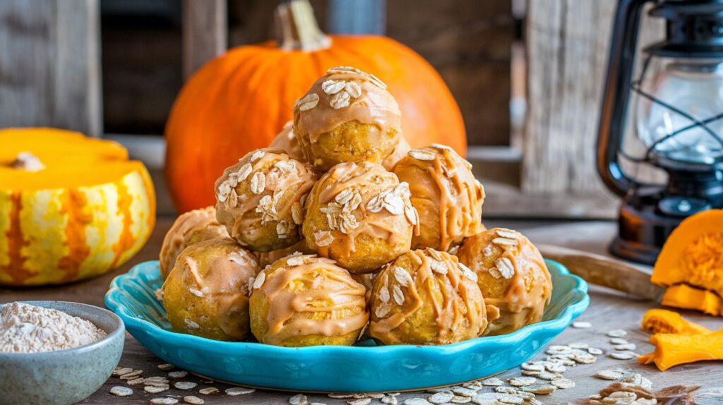 A cheerful scene featuring round, golden peanut butter pumpkin balls stacked on a bright blue ceramic