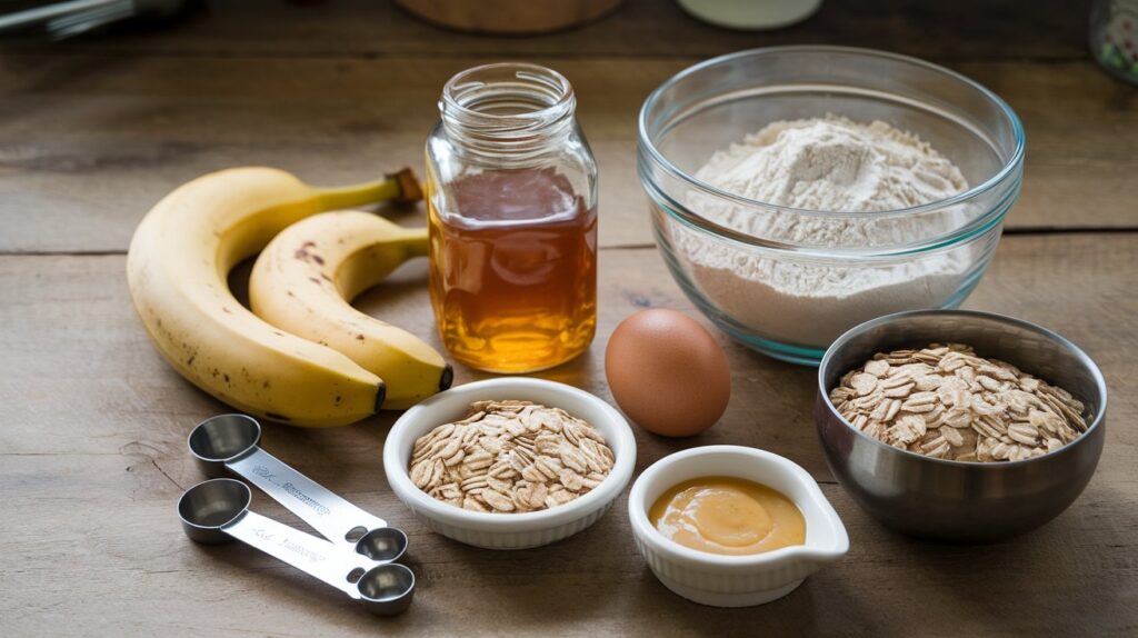 A clean, top-down view of all the ingredients needed for Banana and Honey Dog Biscuits. Include ripe bananas, a jar of honey, whole wheat flour, rolled oats, a large egg,