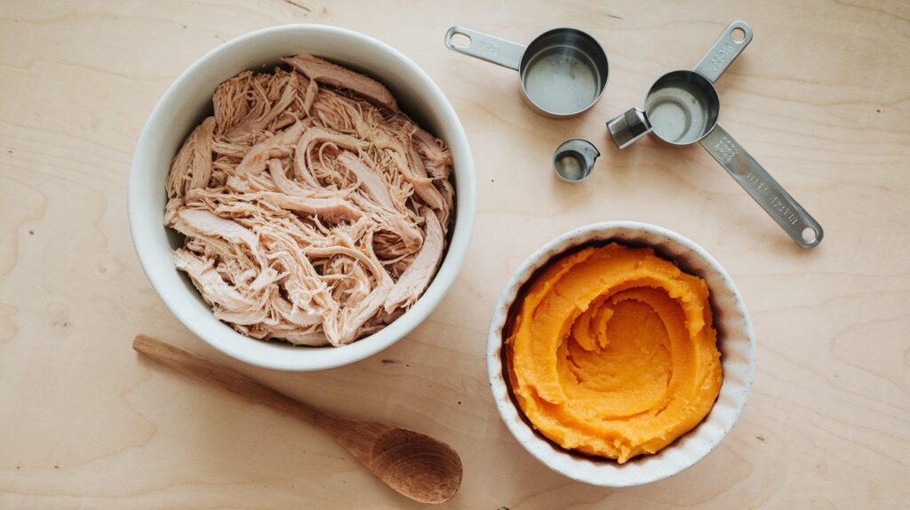 A flatlay image featuring two bowls one with finely shredded cooked chicken and another with mashed sweet potato.