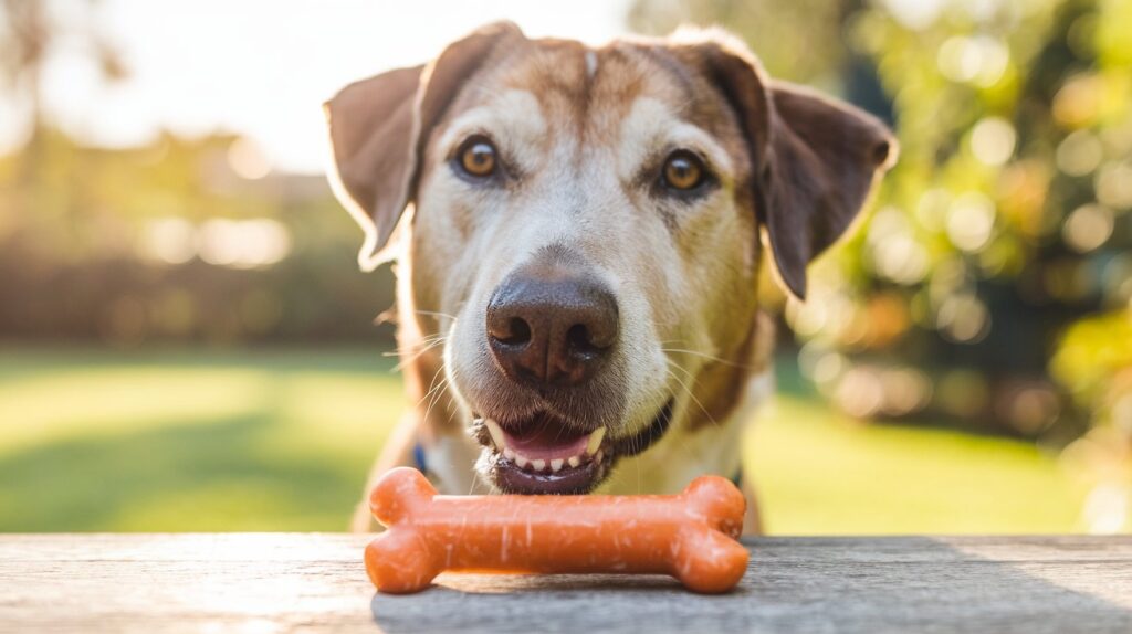 A moment where a dog is about to enjoy one of the Beef & Carrot Chews in a sunny garden or cozy indoor setting.