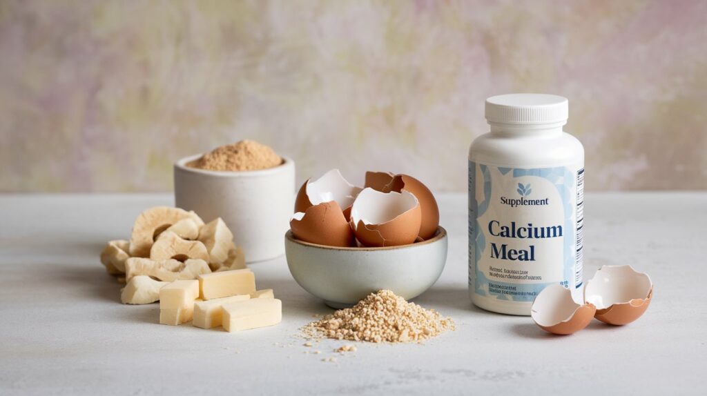 A neatly arranged set of calcium-rich ingredients like crushed eggshells, small cut pieces of bone meal, and a container of calcium supplement.