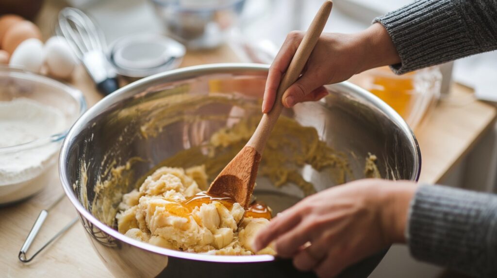 A person’s hands mixing mashed banana and honey in a large bowl making Banana and Honey Biscuits for Dogs