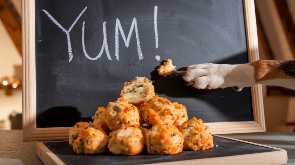 A pile of cheesy garlic bites on a chalkboard surface with 'Yum!' written in chalk, and a dog's paw playfully trying to swipe one.