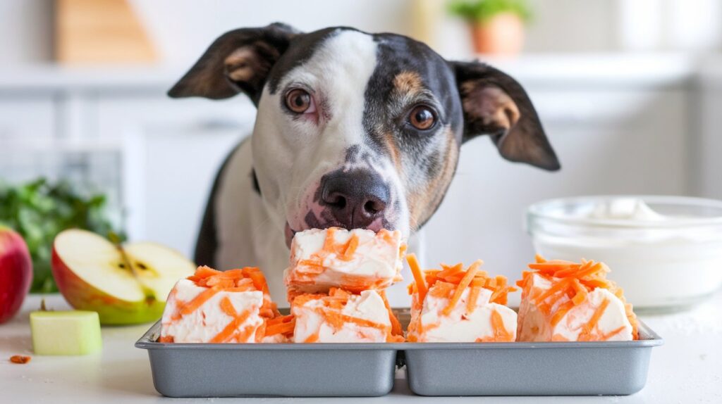 A playful image of a dog enjoying a piece of cottage cheese and carrot bark from a small ice cube tray.