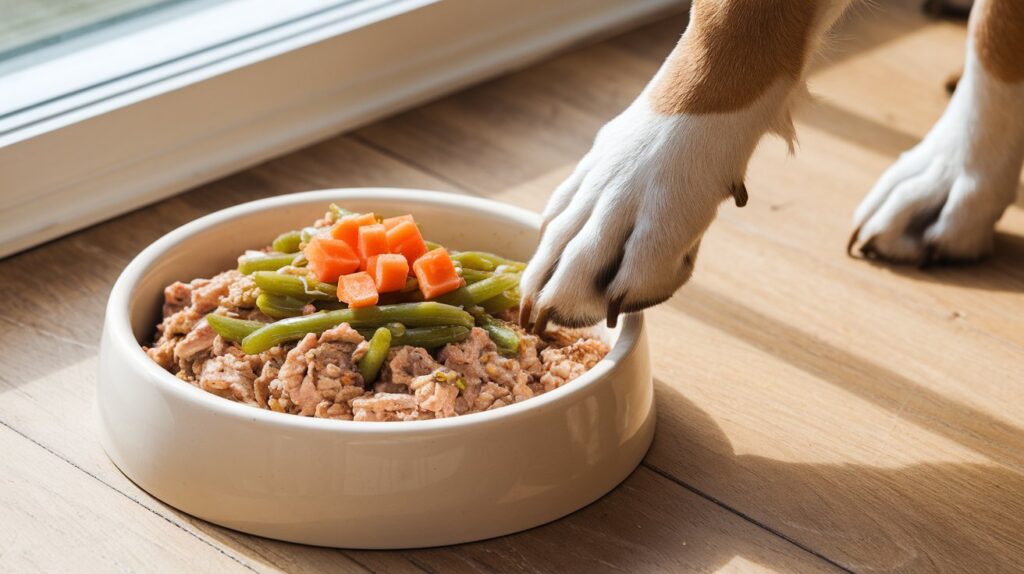 A sturdy dog bowl filled with a wholesome mix of browned ground turkey, vibrant green steamed green beans, and diced carrots, all combined with fluffy brown rice