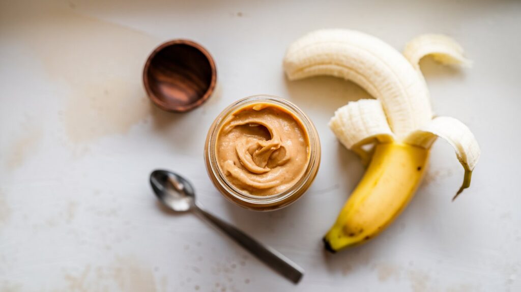 White kitchen countertop featuring two main ingredients a jar of unsalted, creamy peanut butter and a ripe banana peeled and sliced.