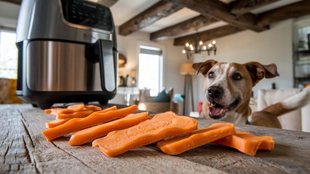 An image of golden-brown sweet potato chews laid out on a rustic wooden table, with an air fryer in the background and a happy dog looking on eagerly.