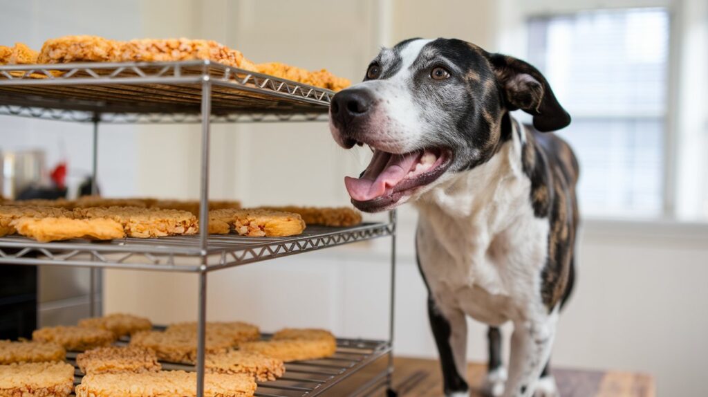 Crispy Beef & Rice Crunchers cooling on a rack, with a satisfied dog ready to enjoy one.