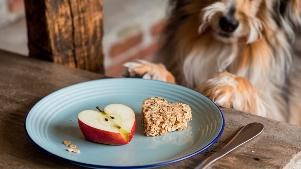 Heart-shaped apple and oat treats on a light blue plate as one of air fryer dog treat recipes