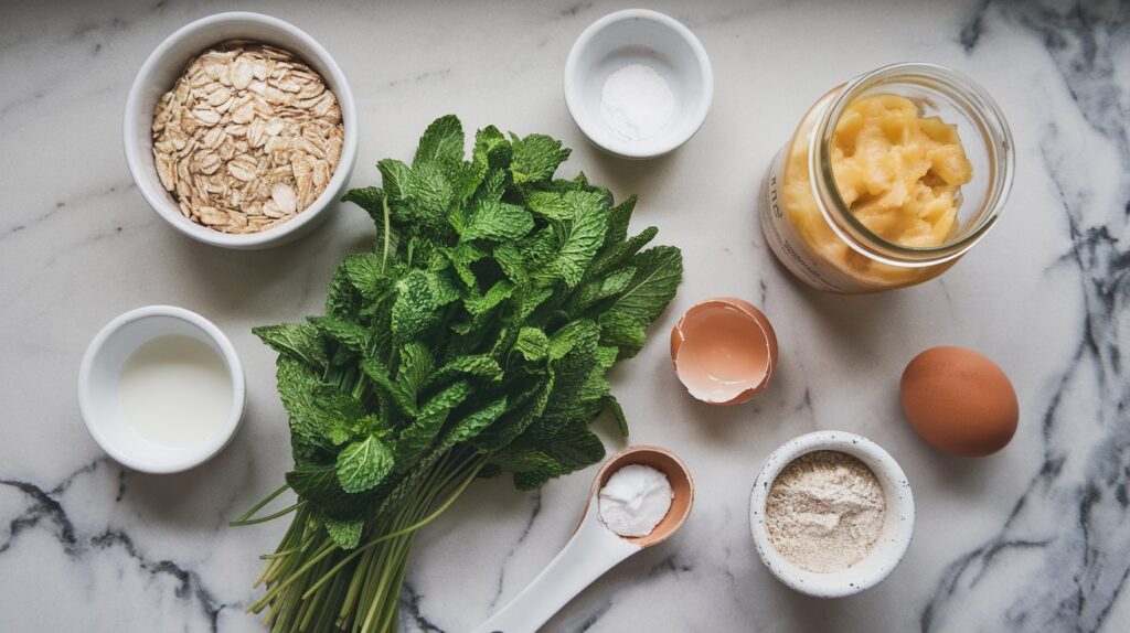  Photograph of all the key ingredients spread out on a marble countertop for the DIY breath freshening Parsley & Mint Biscuits for dogs