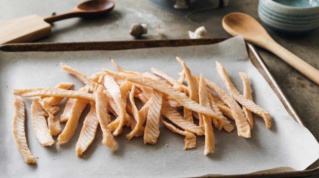 Slender, dehydrated fish strips suitable for dogs, displayed on a parchment-lined baking sheet.