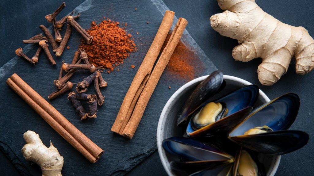 Spices and foods rich in manganese like cloves, cinnamon sticks, ginger root, and a bowl of mussels, arranged on a dark slate for contrast.