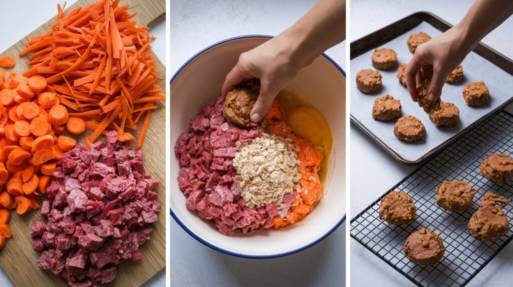 A series of images showing the preparation of the Beef & Carrot Chews. 