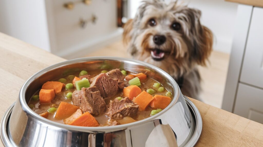 a stainless steel dog bowl containing a generous portion of beef and sweet potato stew.