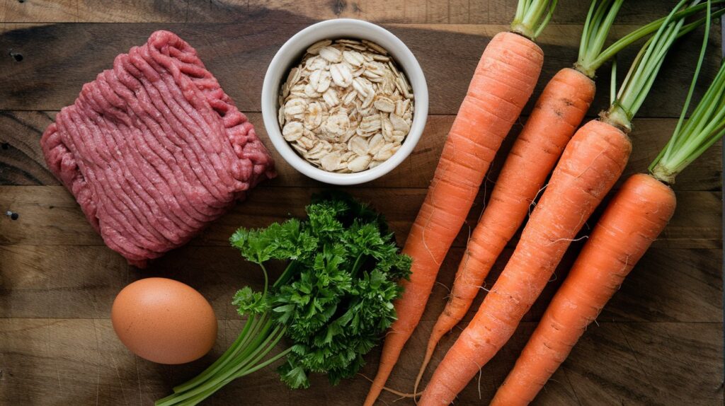 All the ingredients needed for the Beef & Carrot Chews for dogs recipe neatly arranged on a rustic wooden cutting board.