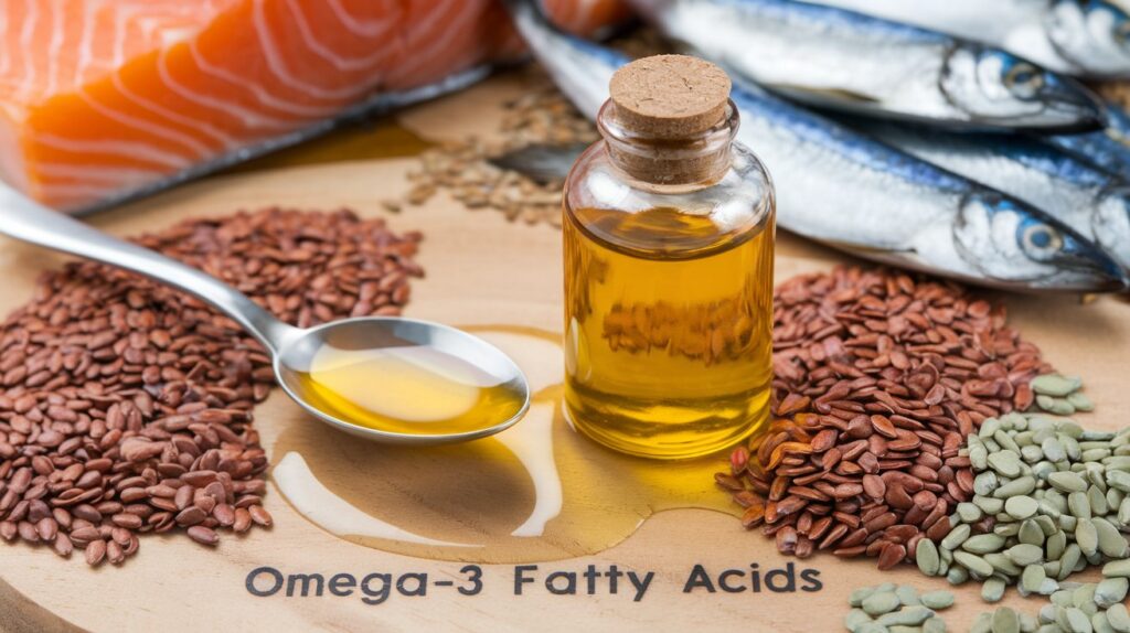 arrangement of a bottle of fish oil, flaxseeds, and hemp seeds, with a spoonful of oil drizzled around showing omega fatty acids