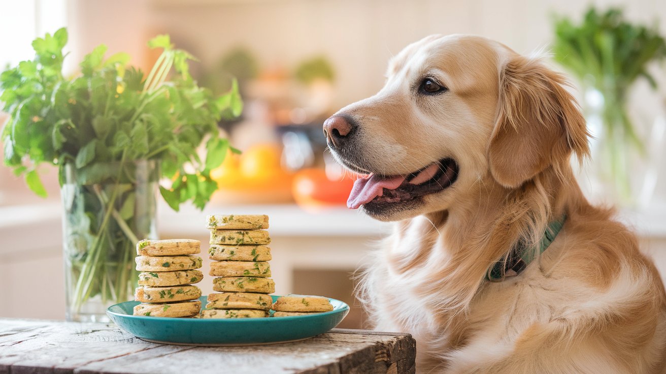 inviting kitchen scene showcasing the final product of DIY Breath-Freshening Parsley & Mint Biscuits for Dogs