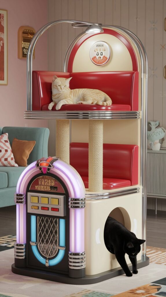 1950s-inspired cat tree featuring checkerboard scratching posts, vintage booth cushions, and two curious cats exploring.