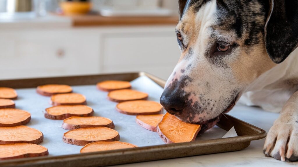 A baking sheet with dehydrated sweet potato slices arranged neatly and A dog chewing on a sweet potato strip with a satisfied look.