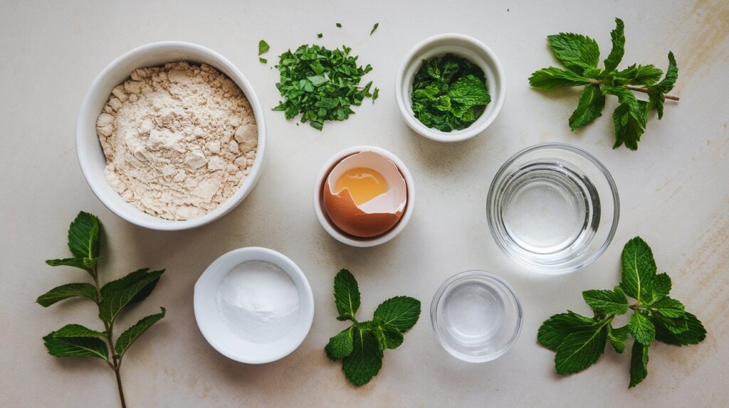 A bowl of whole wheat flour sits next to small dishes of finely chopped mint and parsley, a cracked egg in a small ramekin, a measuring cup of water, and a pinch of baking soda. Ingredients to make minty fresh dental  biscuits