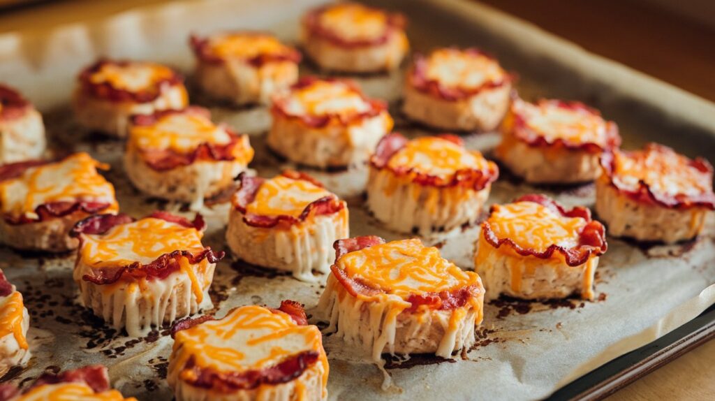 A close-up shot of freshly baked Cheesy Bacon Bites arranged on a parchment-lined baking sheet.