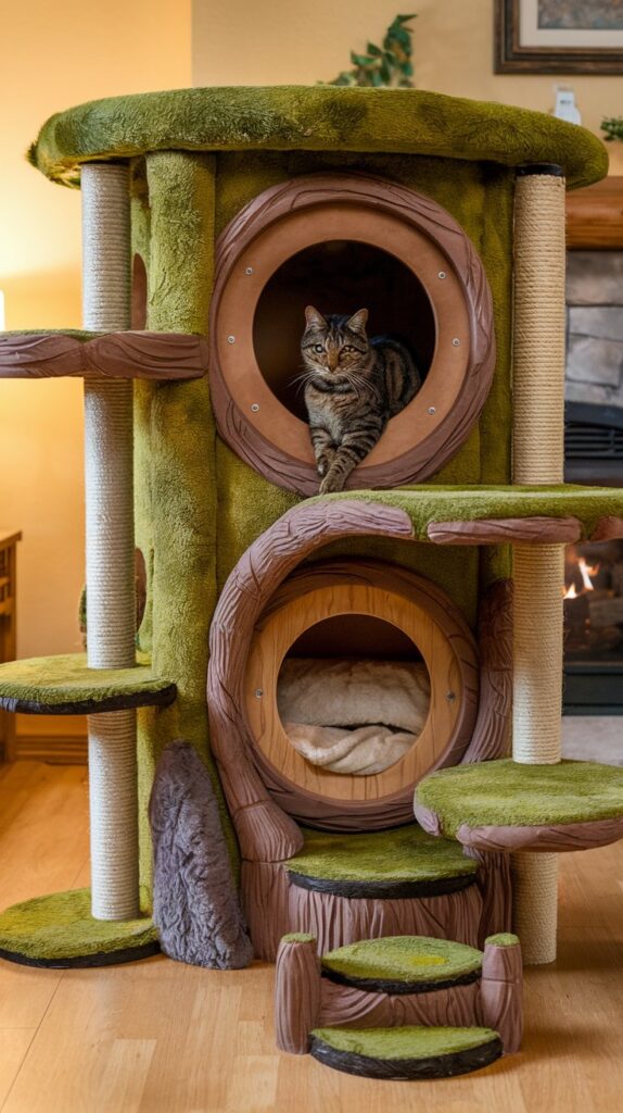 Earthy hobbit-style cat tower with rope-wrapped supports and multiple ledges—perfect for fantasy-themed home decor.