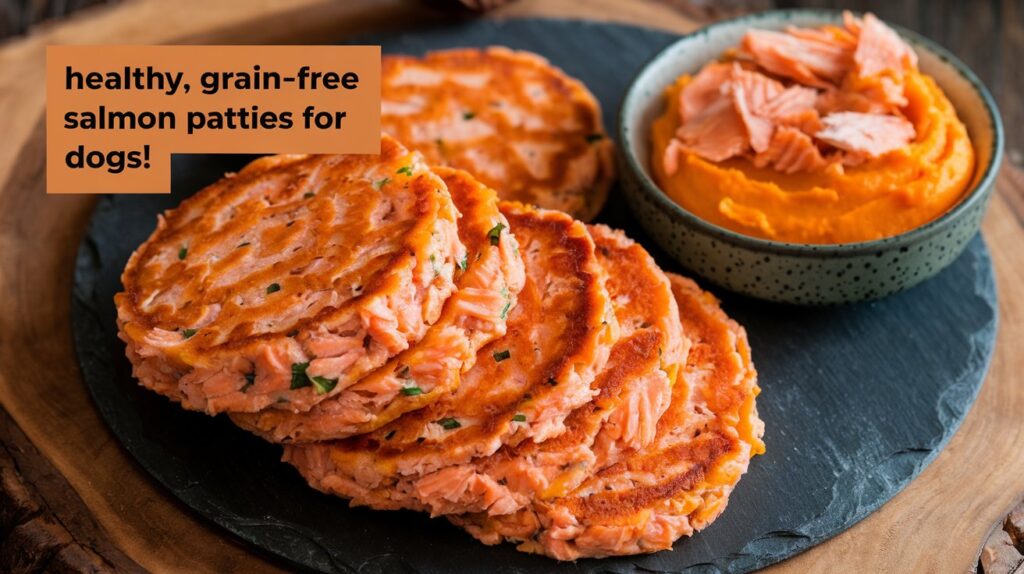 A wooden plate or slate board with golden-brown salmon & sweet potato patties neatly stacked.