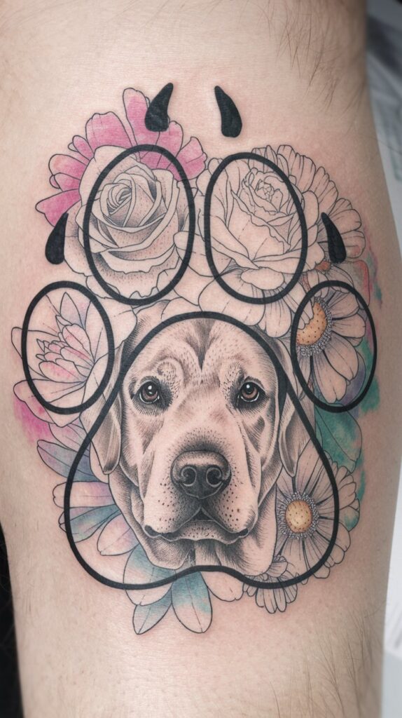 Abstract Labrador tattoo with cubist-inspired geometric shapes and bold black lines on the thigh.