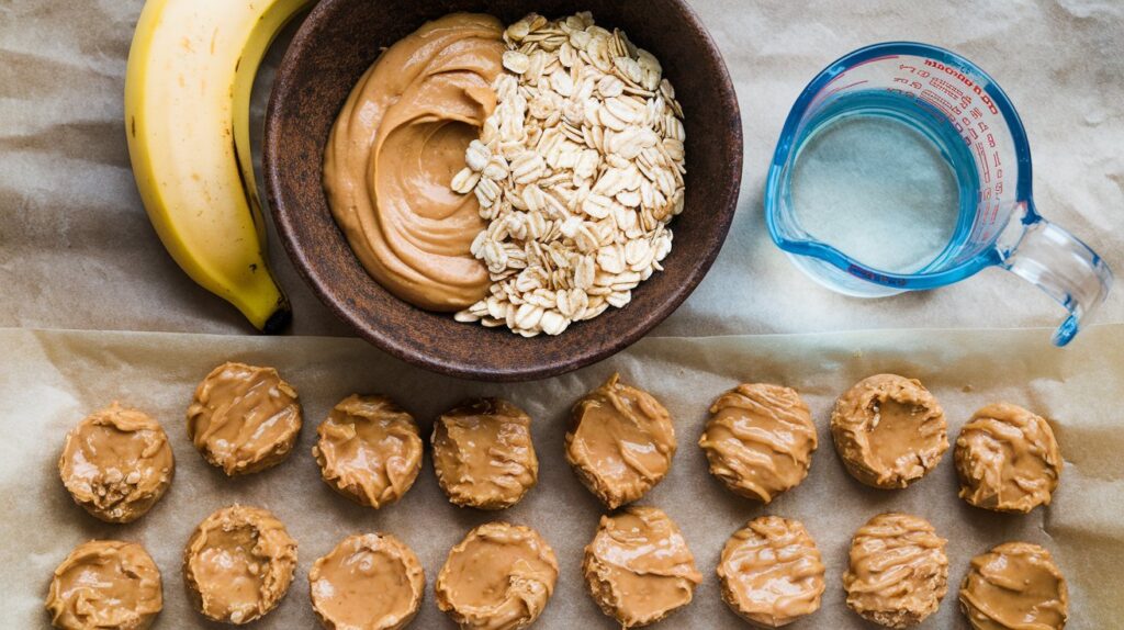 An bowl of natural peanut butter, a pile of rolled oats, and a mashed banana beside a small measuring cup of water.