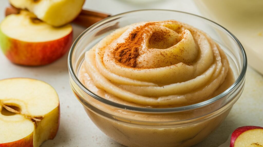 An overhead shot displaying a bowl of unsweetened apple puree with a dash of cinnamon next to a small pile of oat flour