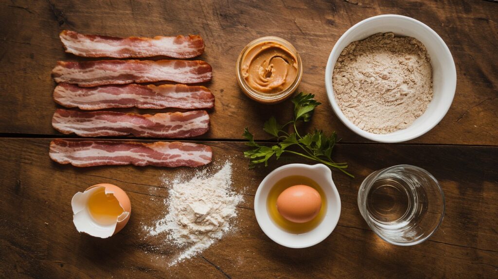 An overhead shot of a rustic wooden table displaying neatly arranged ingredients for Bacon & Peanut Butter Crunchies.