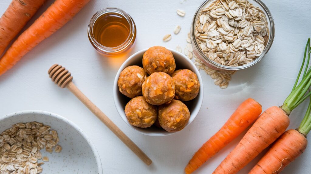 An overhead shot of a small bowl filled with carrot & honey energy balls, surrounded by the key ingredients